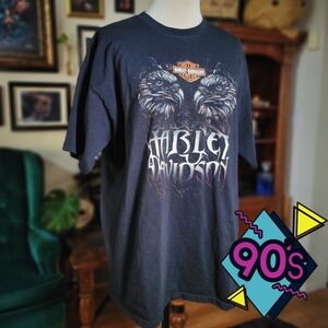 Vintage 90s YAZBEK Mens Black Harley Davidson Eagle Graphic Tee TShirt - XL